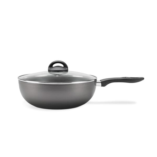 Olla Wok c/Tapa Vidrio Templado Antiadherente 28 cm Mango baquelita